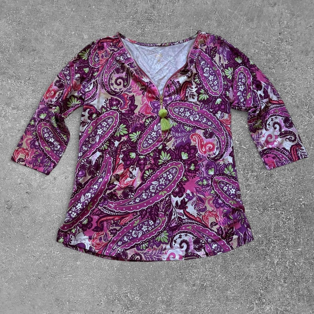 Belle by Kim Gravel Purple Paisley Tassel Zip Blouse Egyptian Cotton Blend M